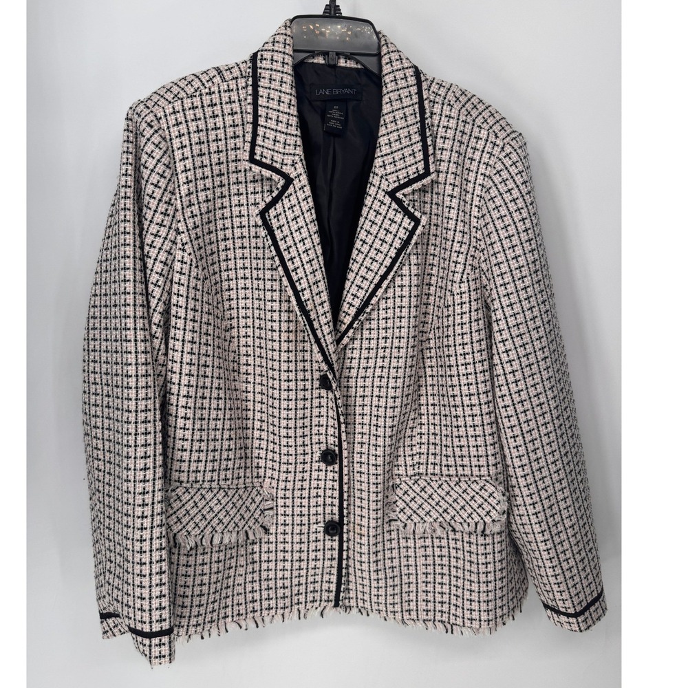 Lane Bryant Blazer Women 22 Pink EUC Tweed Grid Contrast Trim Fringed Hem